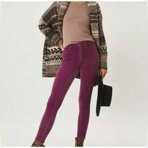 Anthropologie Pilcro Velour Corduroy Button-Fly High Rise Plum Skinny Pants Sz26